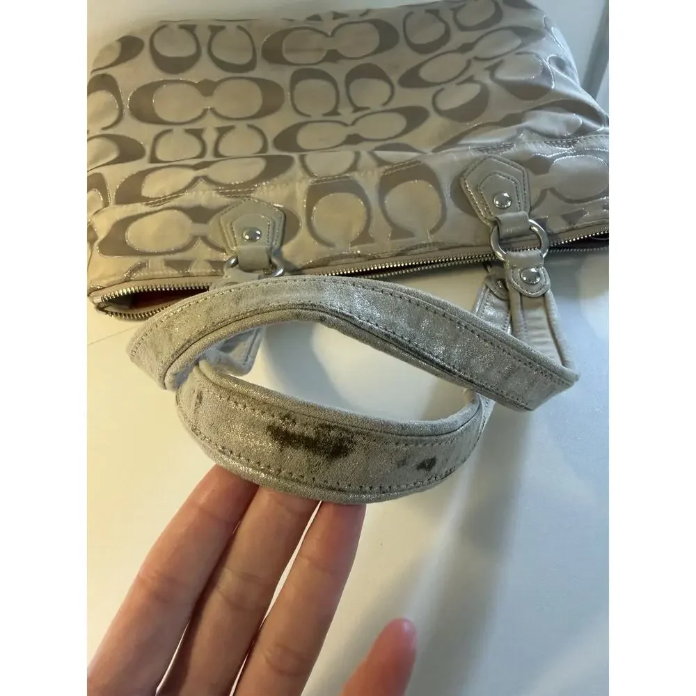 Coach Poppy Signature C Lurex Glam Tote Metallic Gold Jacquard Khaki Sateen FLAW